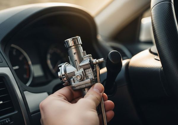 Removed car ignition cylinder being inspected inside a vehicle